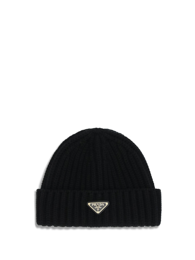 Prada 1hc3902dzl Virgin Wool Ribbed Knit Beanie — Black Beanies