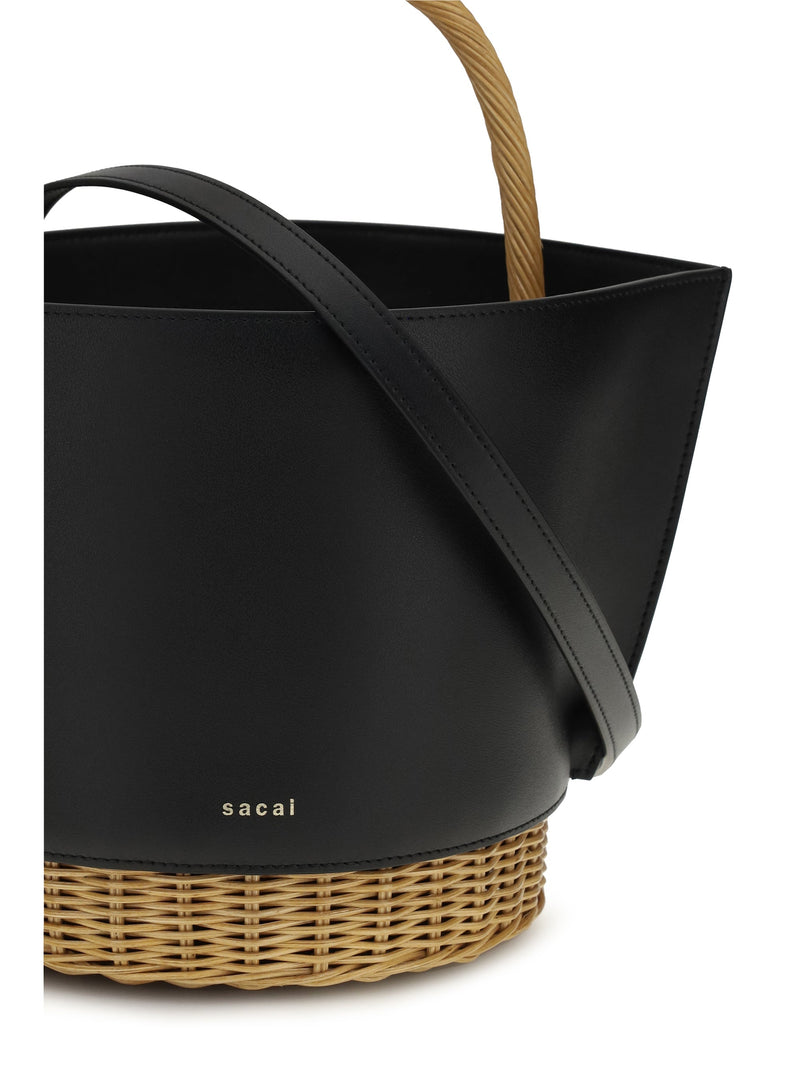 Sacai Leather And Rattan Shoulder Bag — Black Calf