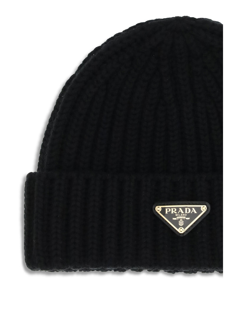 Prada 1hc3902dzl Virgin Wool Ribbed Beanie — Black Fleece Ovis Aries Beanies