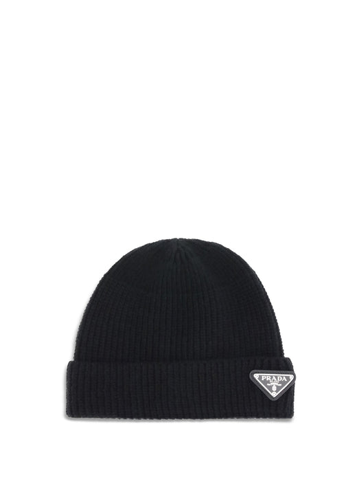 Prada 2hc4263im Logo-Plaque Ribbed Wool Beanie — Black Beanies