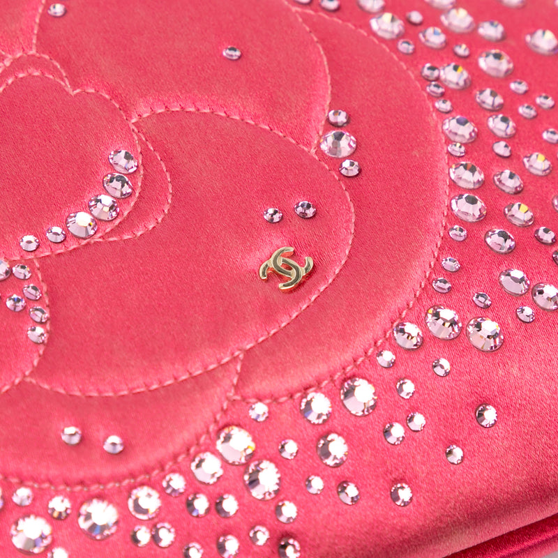 Satin Diamante Camellia Clutch with Chain - Image 8