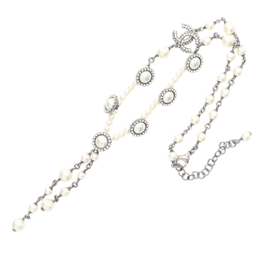 CC Stainless Steel Faux Pearl and Rhinestone Station Necklace - Image 1