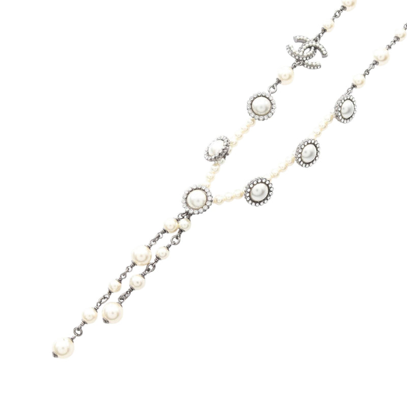 CC Stainless Steel Faux Pearl and Rhinestone Station Necklace - Image 2