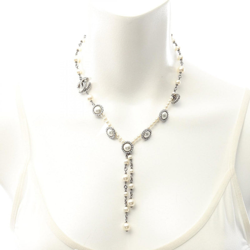 CC Stainless Steel Faux Pearl and Rhinestone Station Necklace - Image 6
