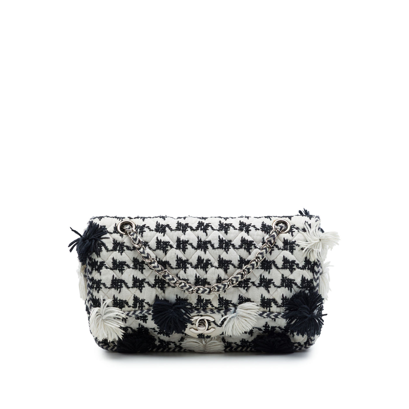 Medium Classic Embroidered Canvas Houndstooth Pom Pom Flap - Image 1