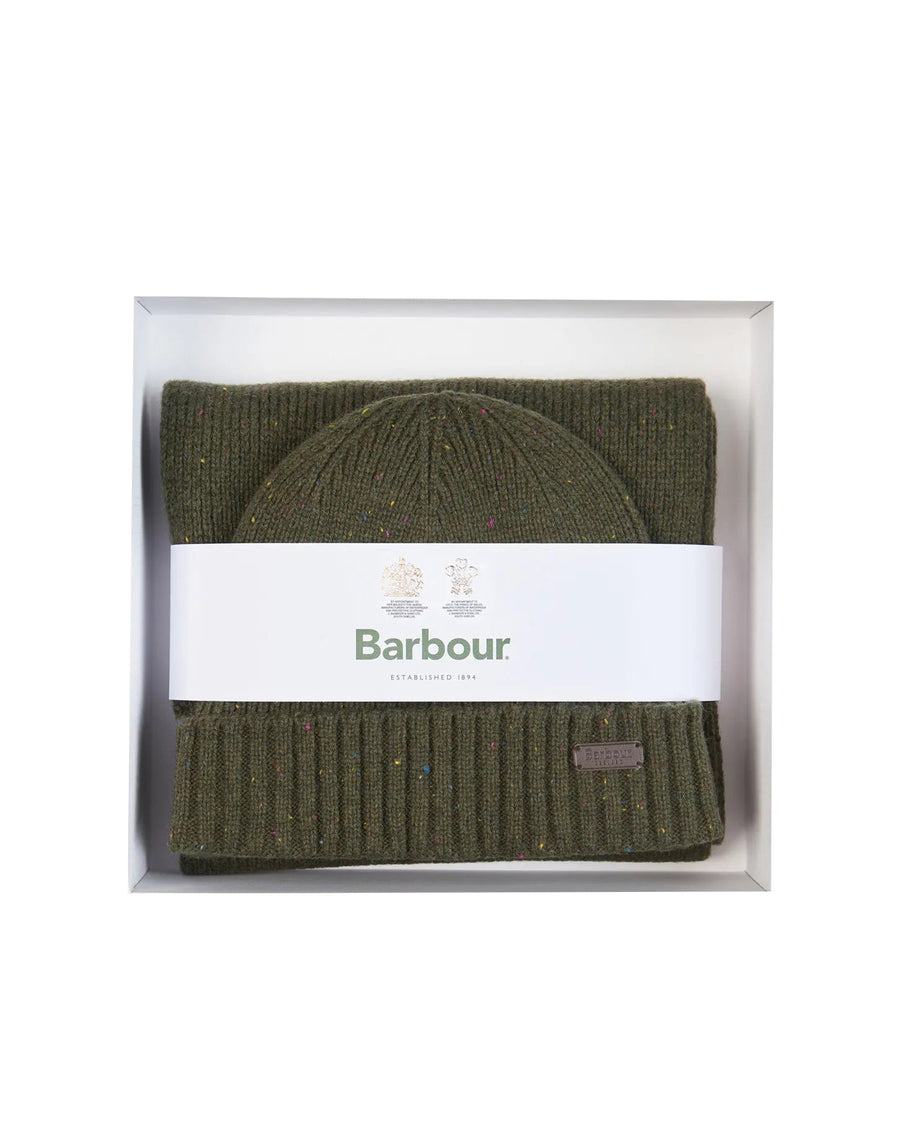 Barbour Mgs0047 Ribbed Knit Hat & Scarf Set — Olive Acrylic Winter