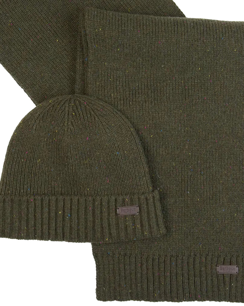 Barbour Mgs0047 Ribbed Knit Hat & Scarf Set — Olive Acrylic Winter