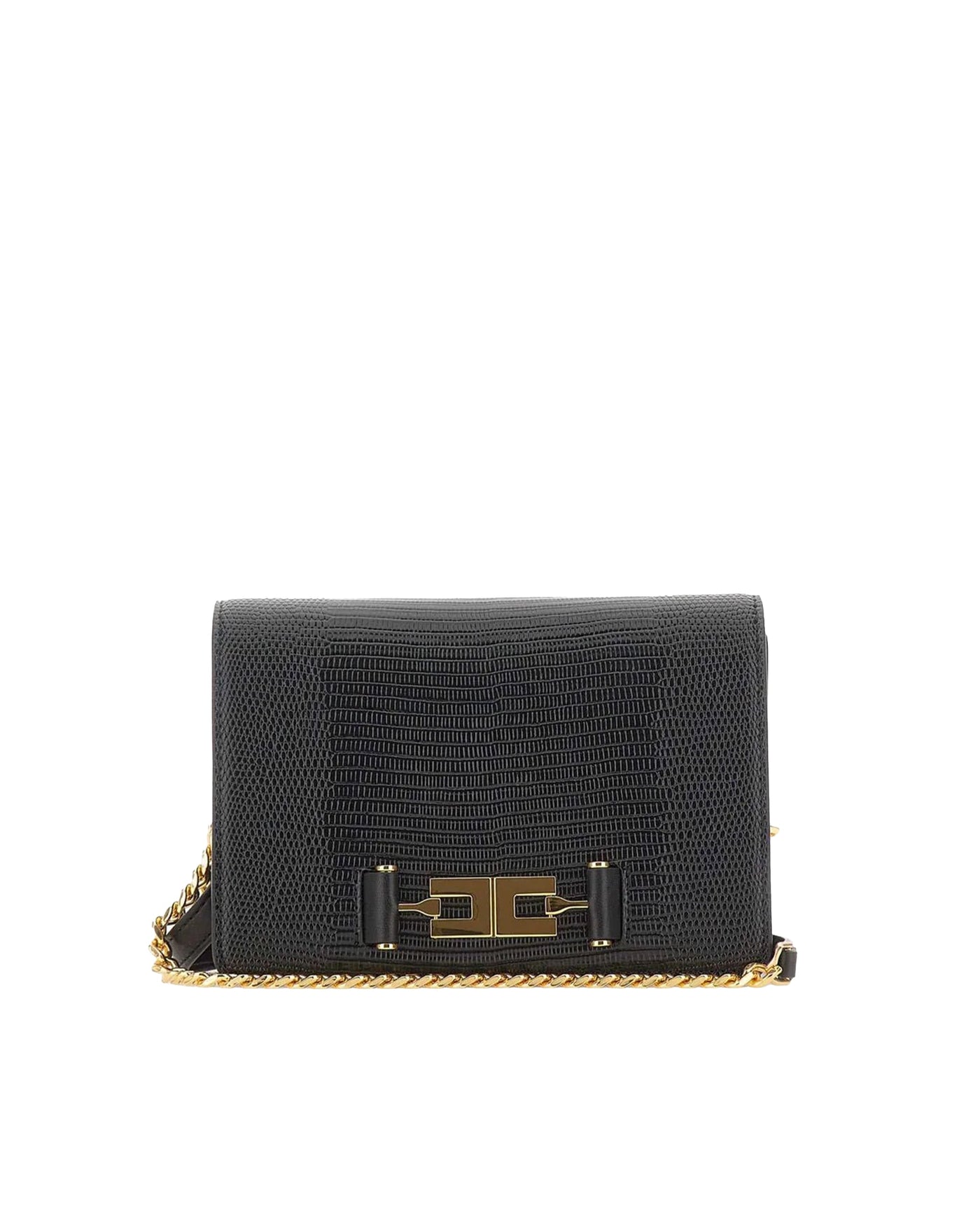 Elisabetta Franchi Lizard-Effect Leather-Look Shoulder Bag — Black Polyester