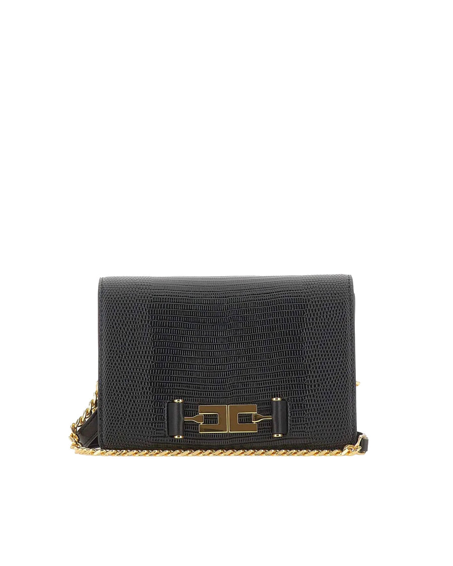 Elisabetta Franchi Lizard-Effect Leather-Look Shoulder Bag — Black Polyester
