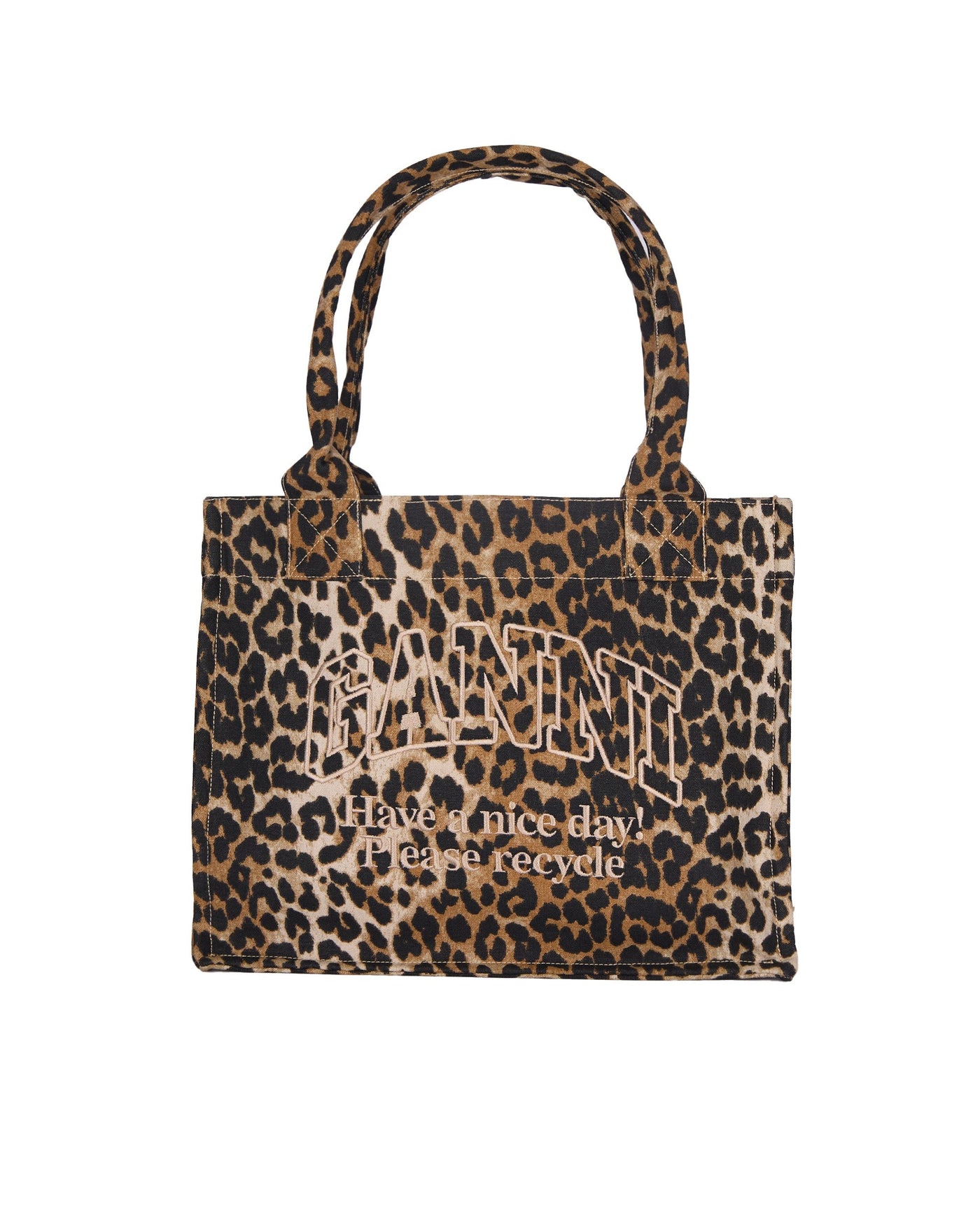 Ganni Leopard-Print Recycled Cotton Tote Bag — Brown