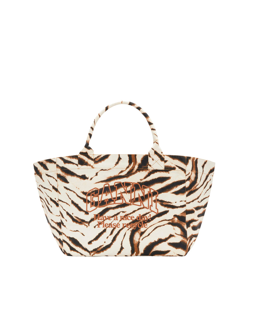 Ganni Zebra-Print Recycled Cotton Tote Bag — Beige