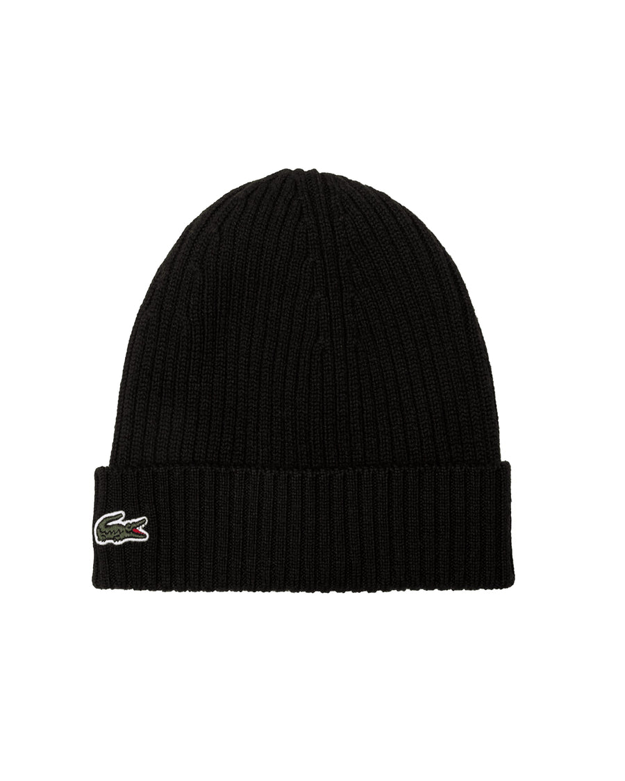 Lacoste Rb0001 Ribbed Wool Beanie — Black Beanies