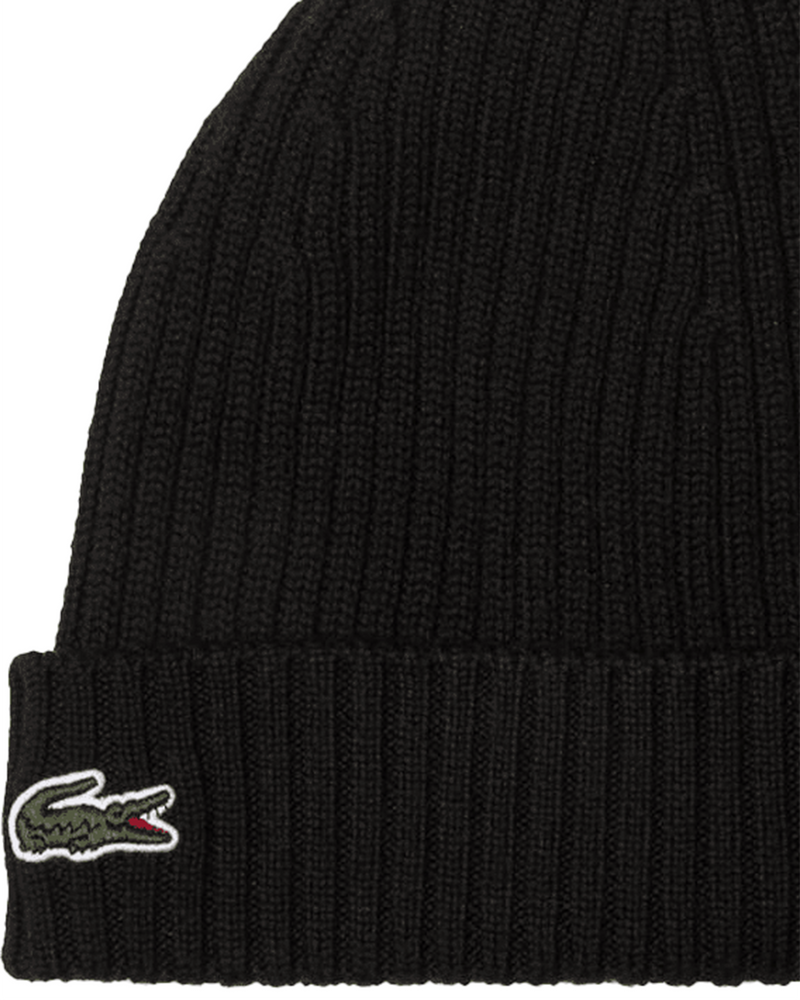 Lacoste Rb0001 Ribbed Wool Beanie — Black Beanies