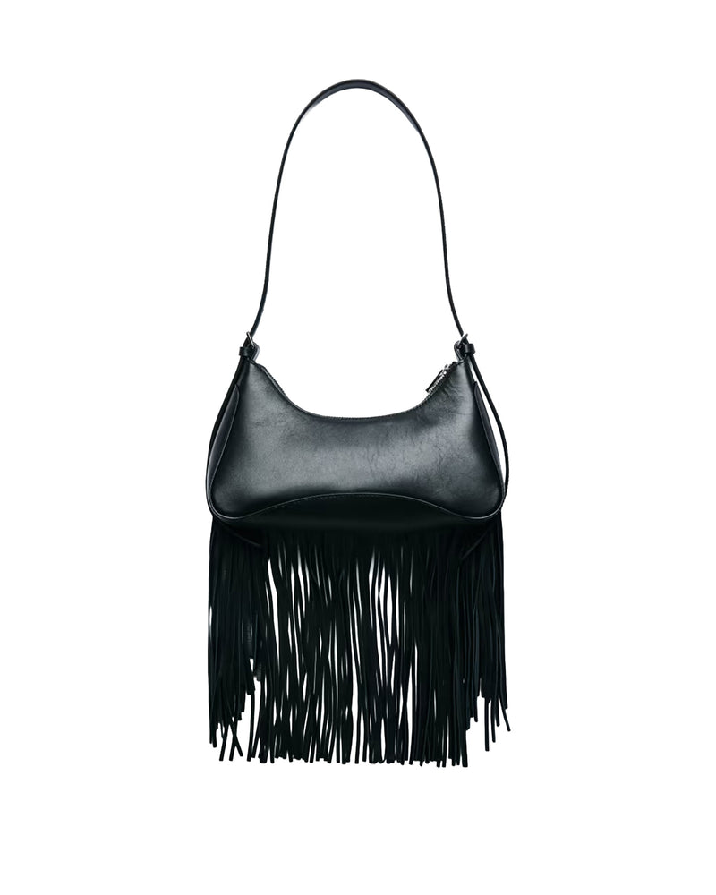 Patrizia Pepe Fringe Leather Shoulder Bag — Black Calf