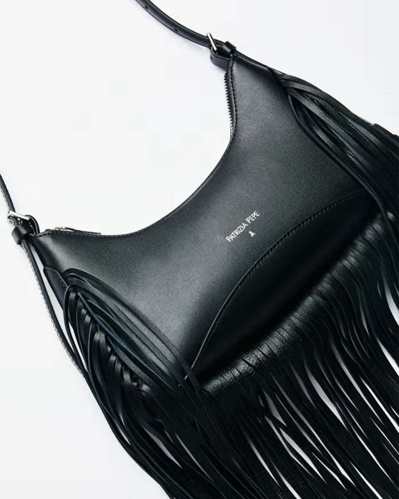 Patrizia Pepe Fringe Leather Shoulder Bag — Black Calf