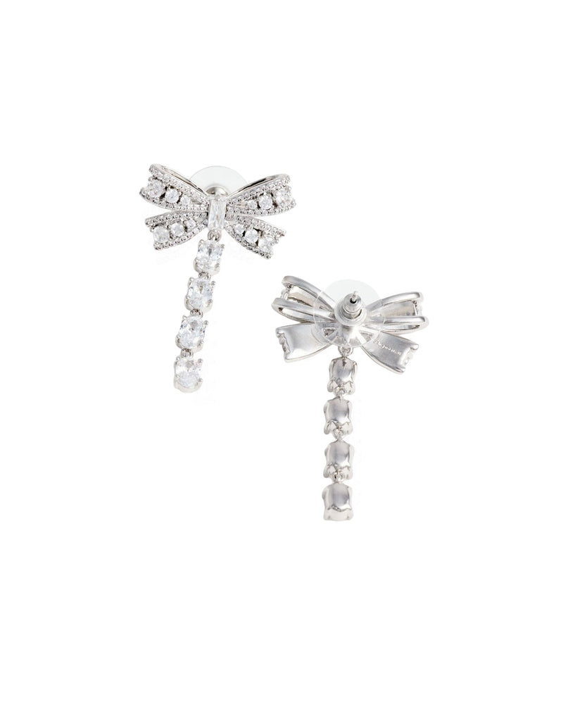 Self-Portrait Crystal Bow Drop Earrings — Silver Brass