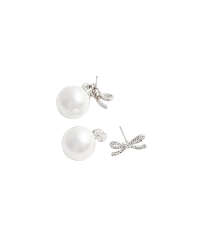Self-Portrait Brystal Bow Pearl Earrings — Silver Brass