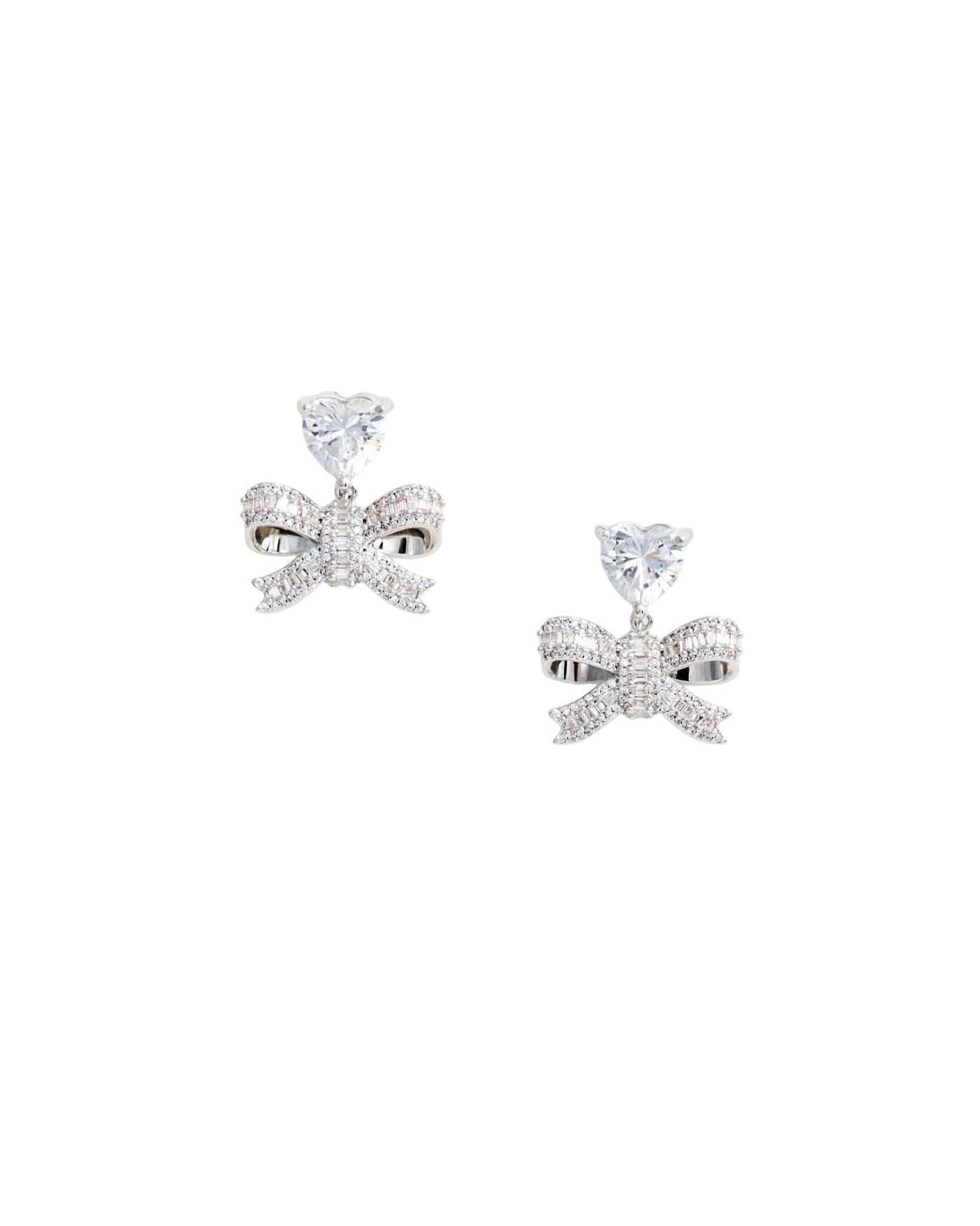 Self-Portrait Crystal Heart Bow Earrings — Silver Brass