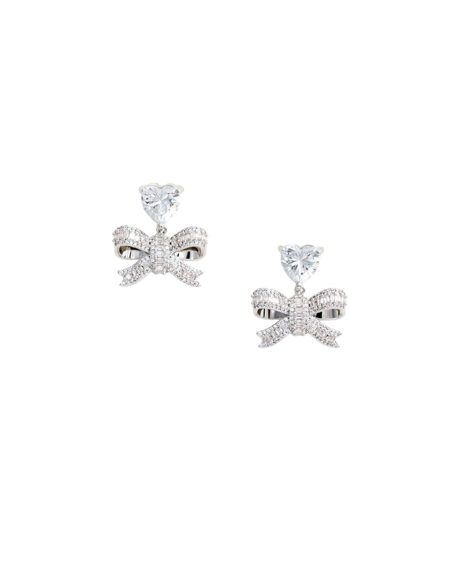 Self-Portrait Crystal Heart Bow Earrings — Silver Brass
