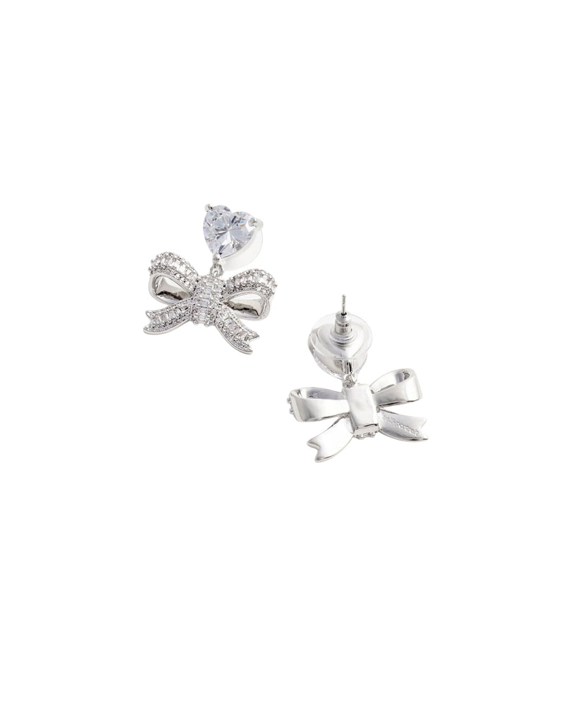 Self-Portrait Crystal Heart Bow Earrings — Silver Brass