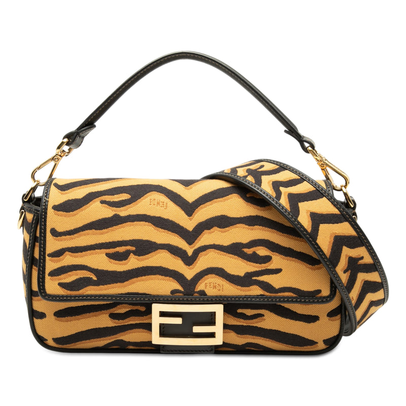Embroidered Canvas Tiger Print Baguette Satchel