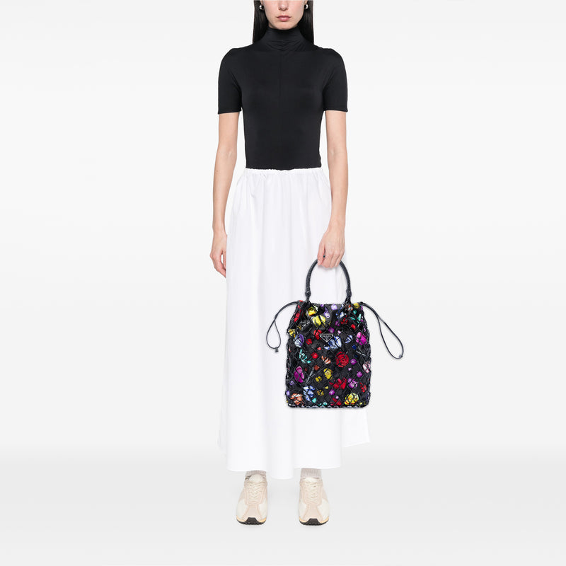 Mesh Leather and Floral Printed Tessuto Tote - Image 6