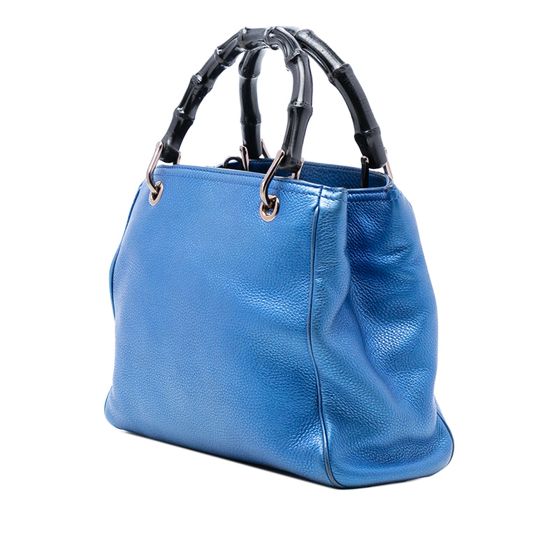 Small Metallic Calfskin Bamboo Shopper Satchel - Image 2