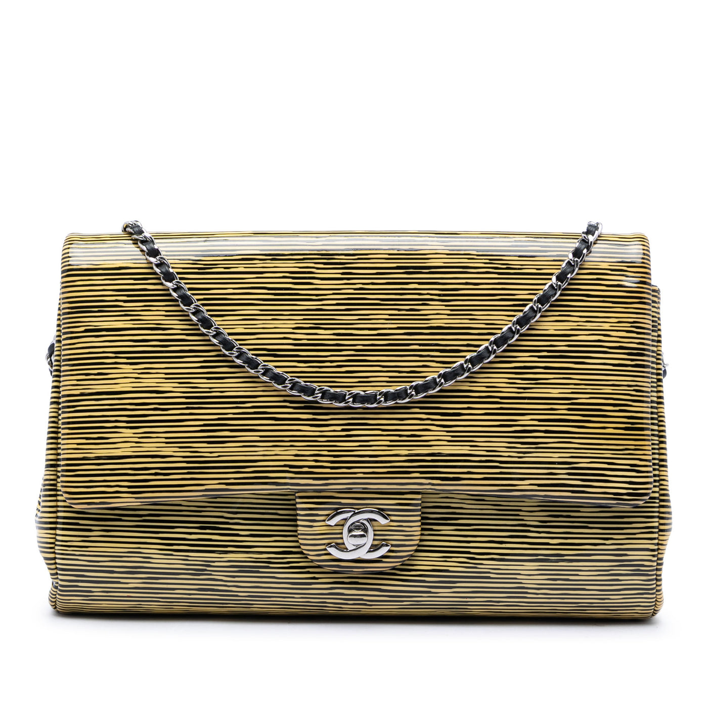 CC Patent Striped Flap Clutch with Chain - Image 1
