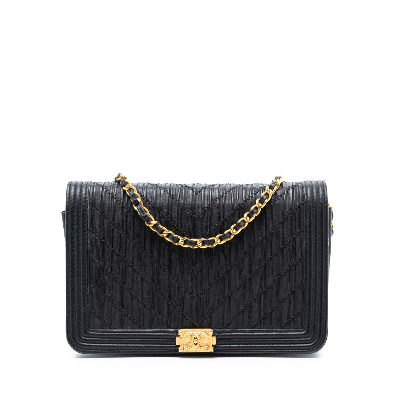 Pleated Crumpled Chevron Calfskin Le Boy Wallet On Chain - Image 1