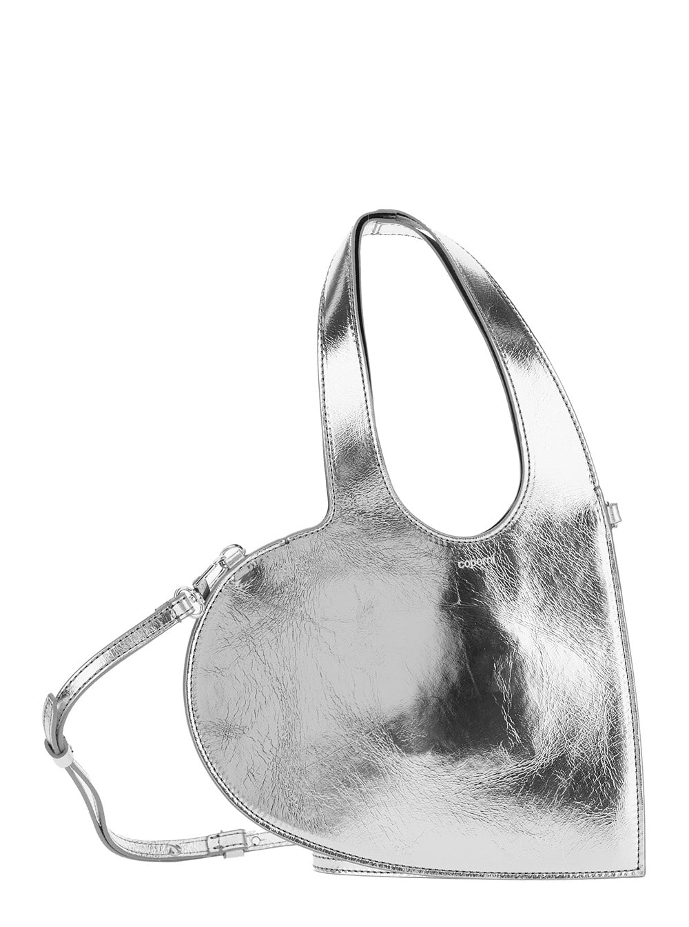 Coperni Heart-Shaped Metallic Leather Crossbody Bag — Silver Cow