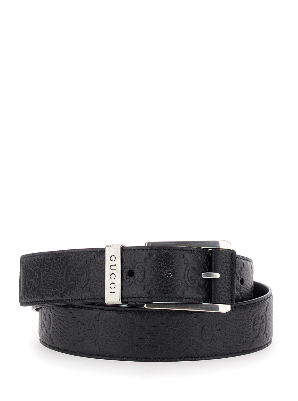 Gucci Grained Leather With Logo Embossed Belt — Black Calf