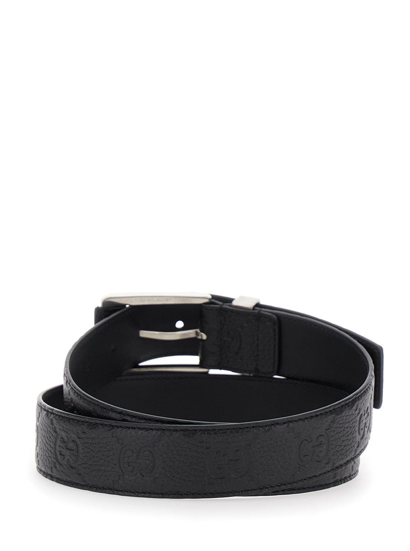 Gucci Grained Leather With Logo Embossed Belt — Black Calf
