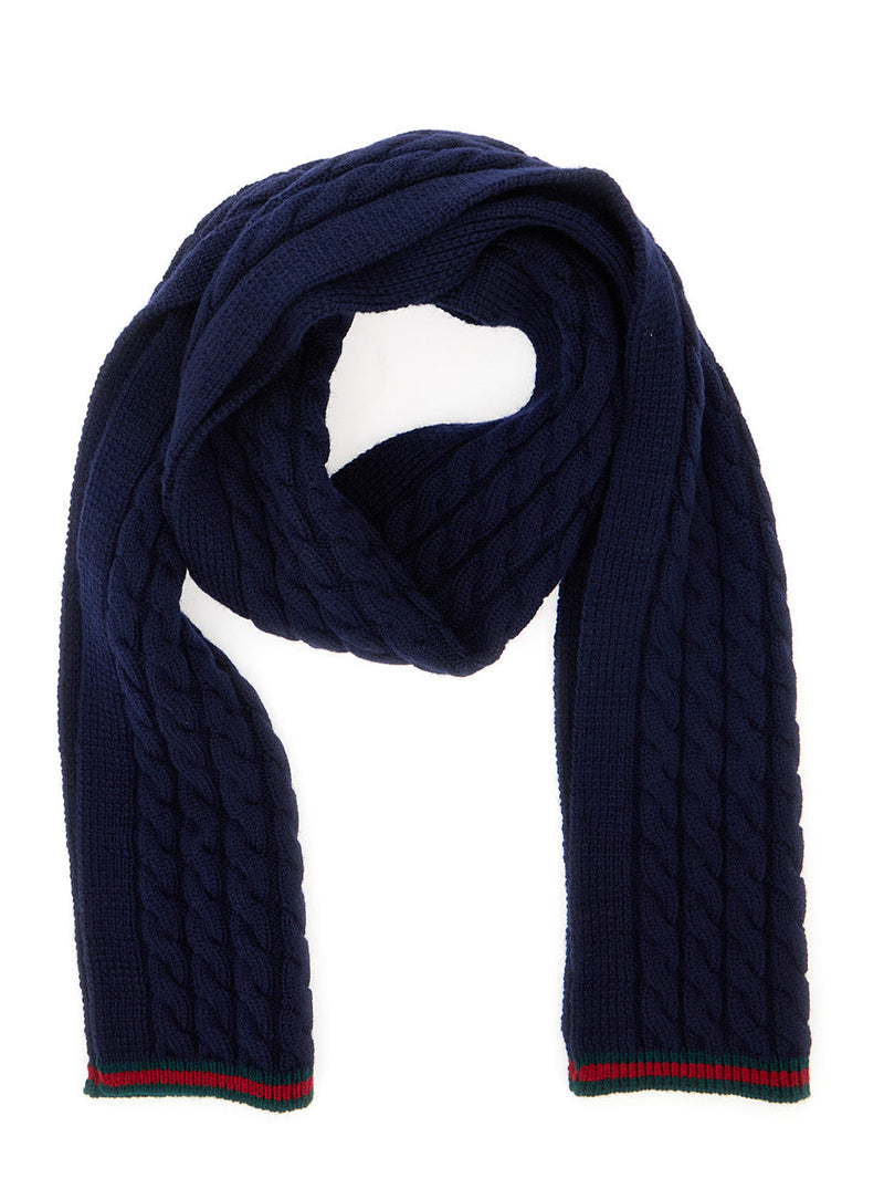 Gucci Cable-Knit Wool Scarf — Navy Scarfs