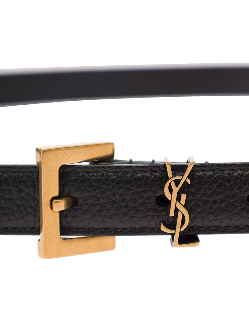 Saint Laurent Cassandre Buckle Calf Leather Belt — Black