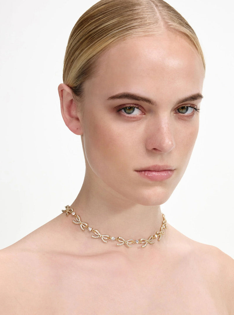 Self-Portrait Crystal-Embellished Bow Necklace — Gold Copper Necklaces
