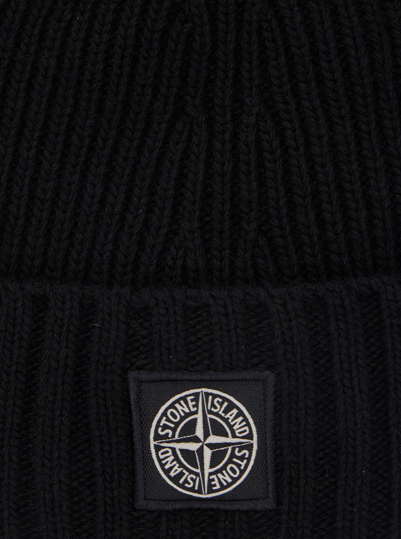 Stone Island K2s16n100003s00m3 Logo-Patched Virgin Wool Beanie — Black Beanies