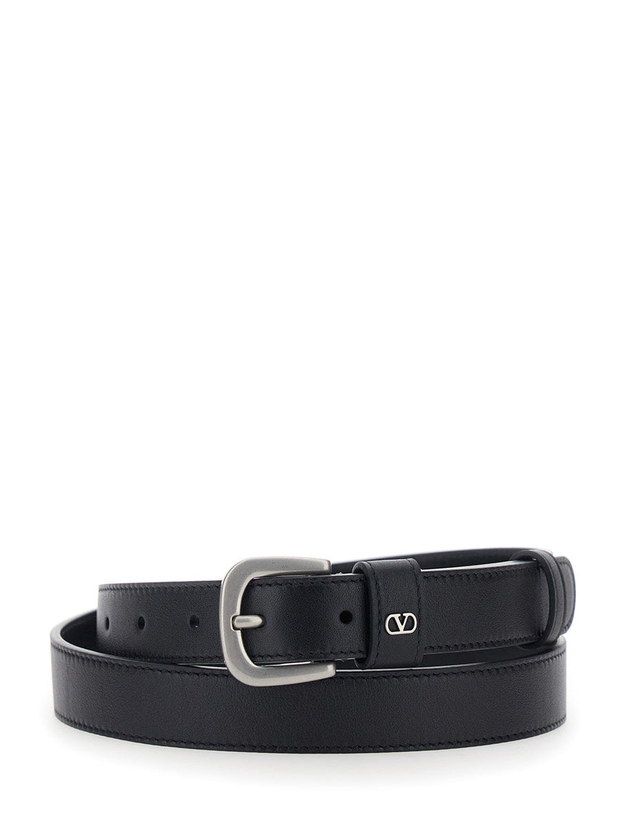Valentino Garavani Vlogo Plaque Leather Belt — Black Calf