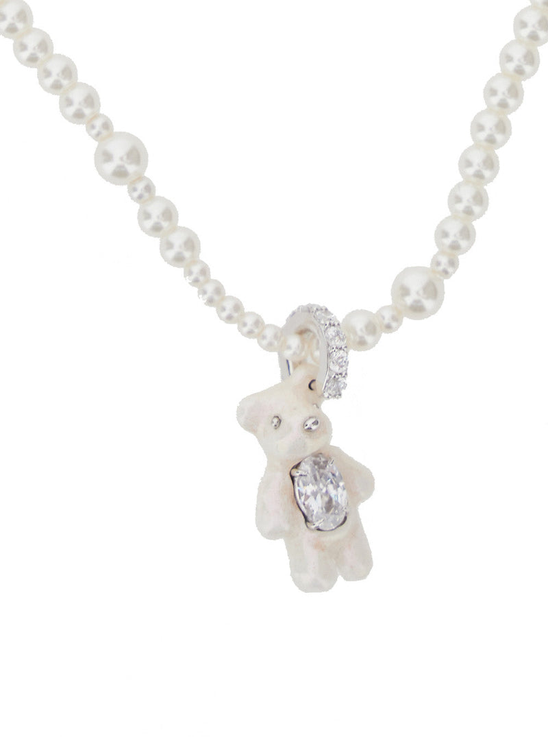 Yvmin Pearl Bear Pendant Necklace — White Metal And Pearls Necklaces