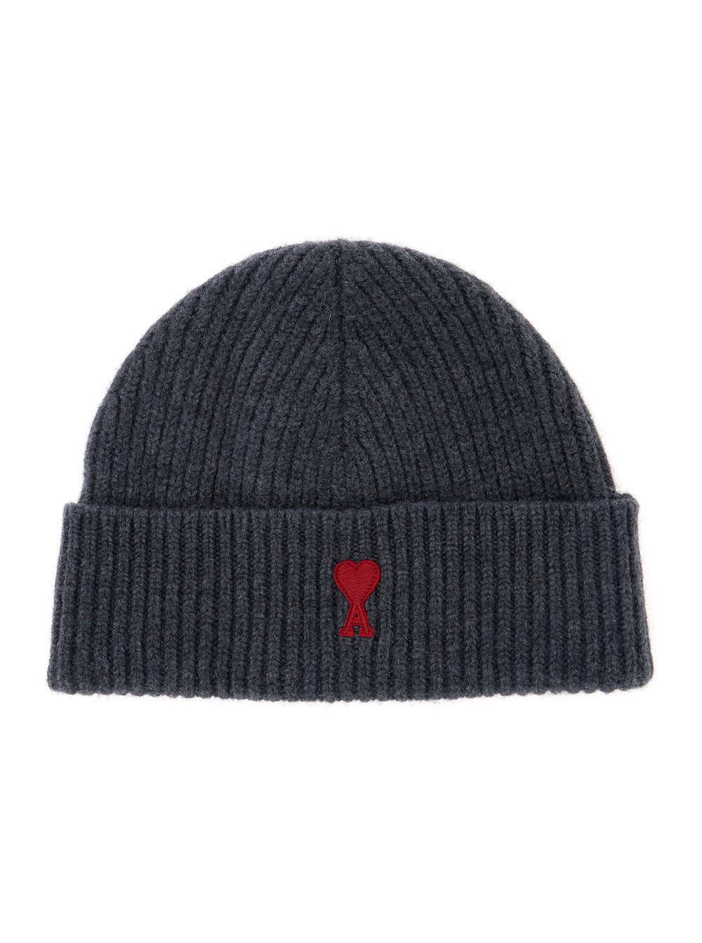 Ami Paris Bfuha116 Ribbed Wool Beanie — Gray Beanies