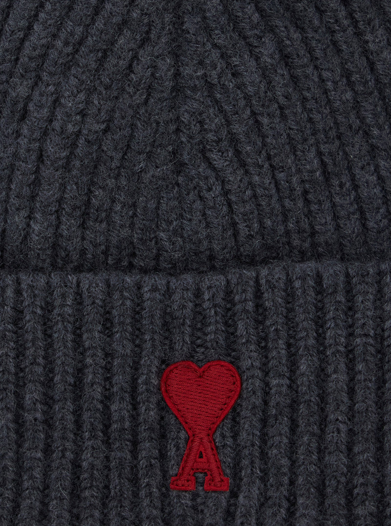 Ami Paris Bfuha116 Ribbed Wool Beanie — Gray Beanies