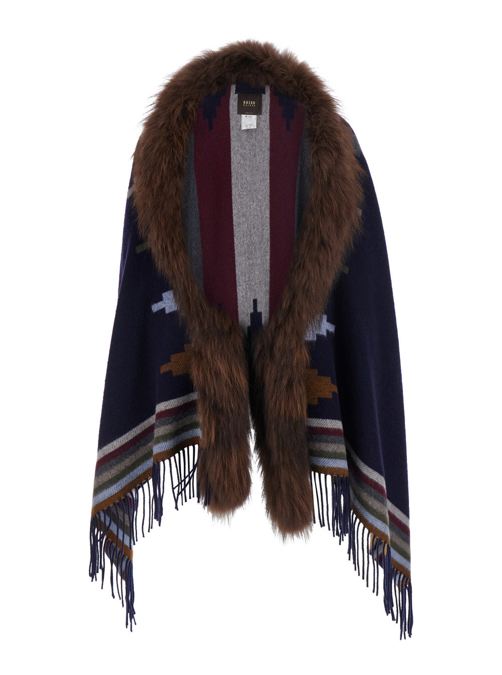 Bazar Deluxe Navajo-Inspired With Eco-Fur Trim Shawl — Navy Fabric Shawls