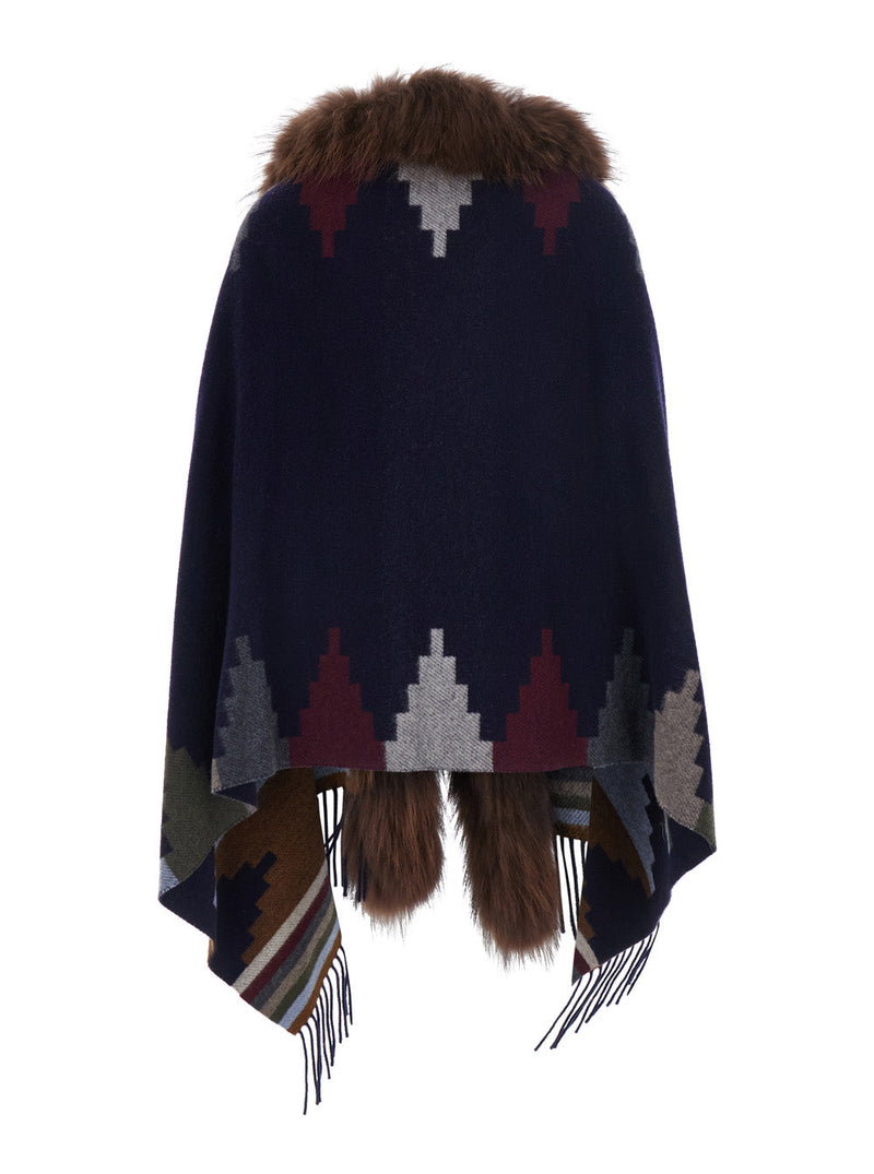 Bazar Deluxe Navajo-Inspired With Eco-Fur Trim Shawl — Navy Fabric Shawls