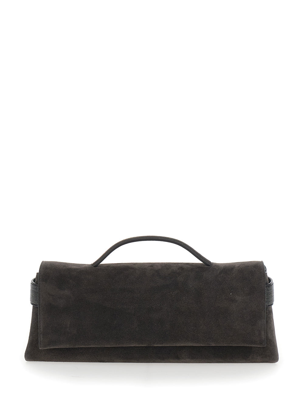 Brunello Cucinelli Suede Top Handle Clutch — Brown Leather