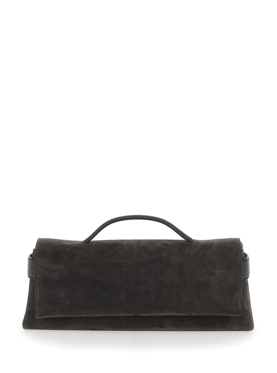 Brunello Cucinelli Suede Top Handle Clutch — Brown Leather