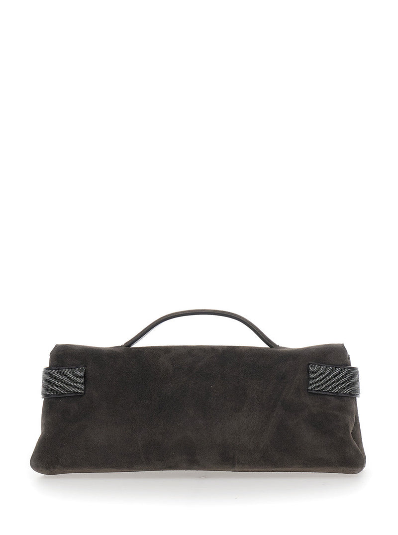Brunello Cucinelli Suede Top Handle Clutch — Brown Leather