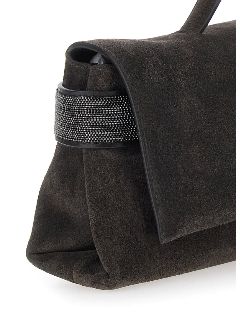 Brunello Cucinelli Suede Top Handle Clutch — Brown Leather