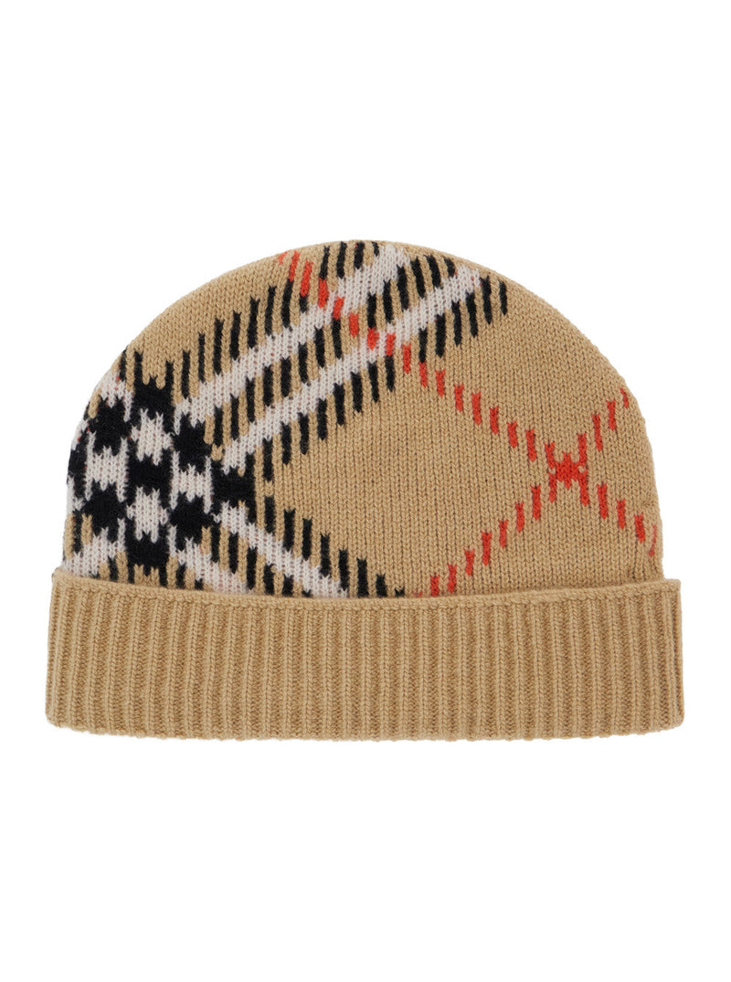 Burberry 8114768 Wool Check-Pattern Beanie — Beige Beanies
