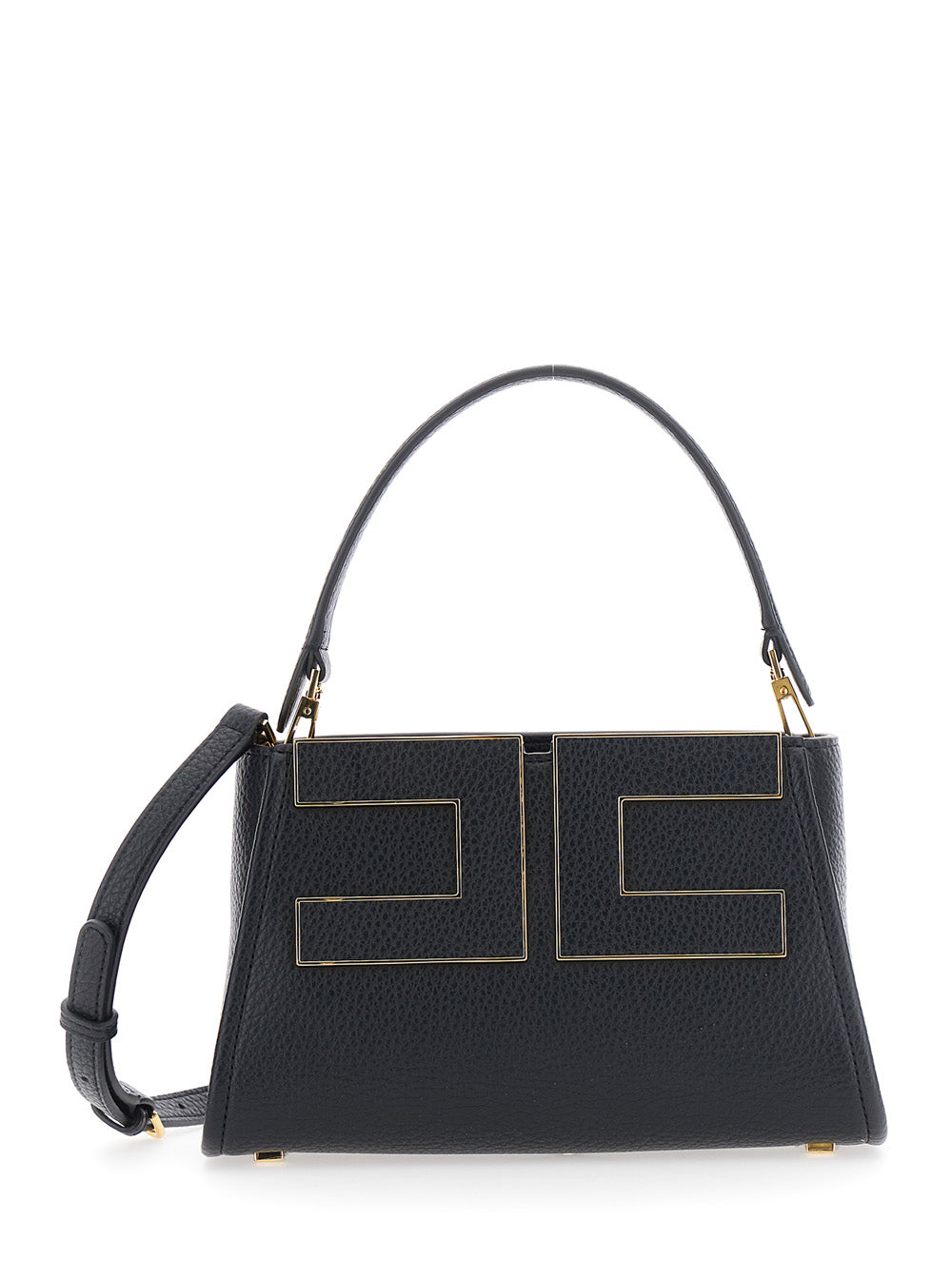 Elisabetta Franchi Geometric Metal Logo Shoulder Bag — Black Ecoleather