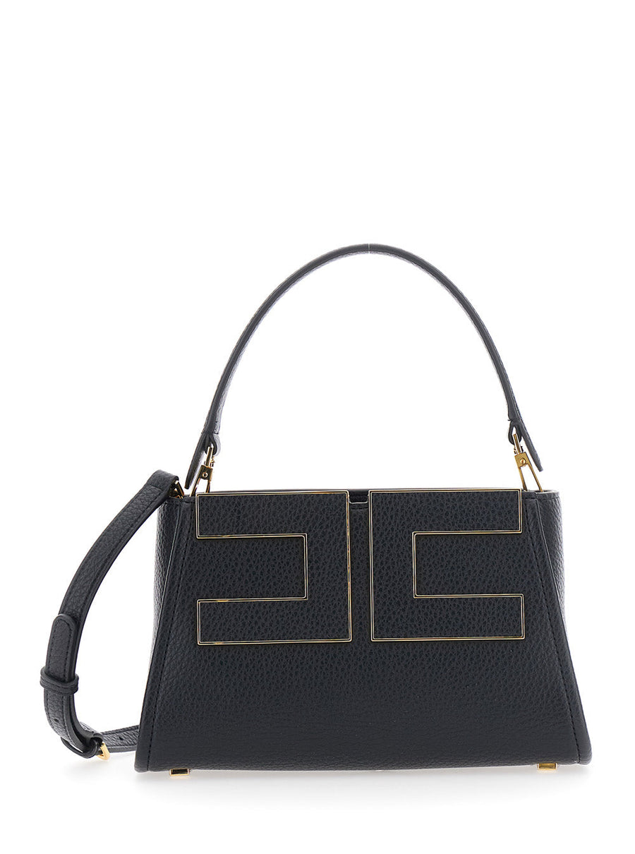 Elisabetta Franchi Geometric Metal Logo Shoulder Bag — Black Ecoleather