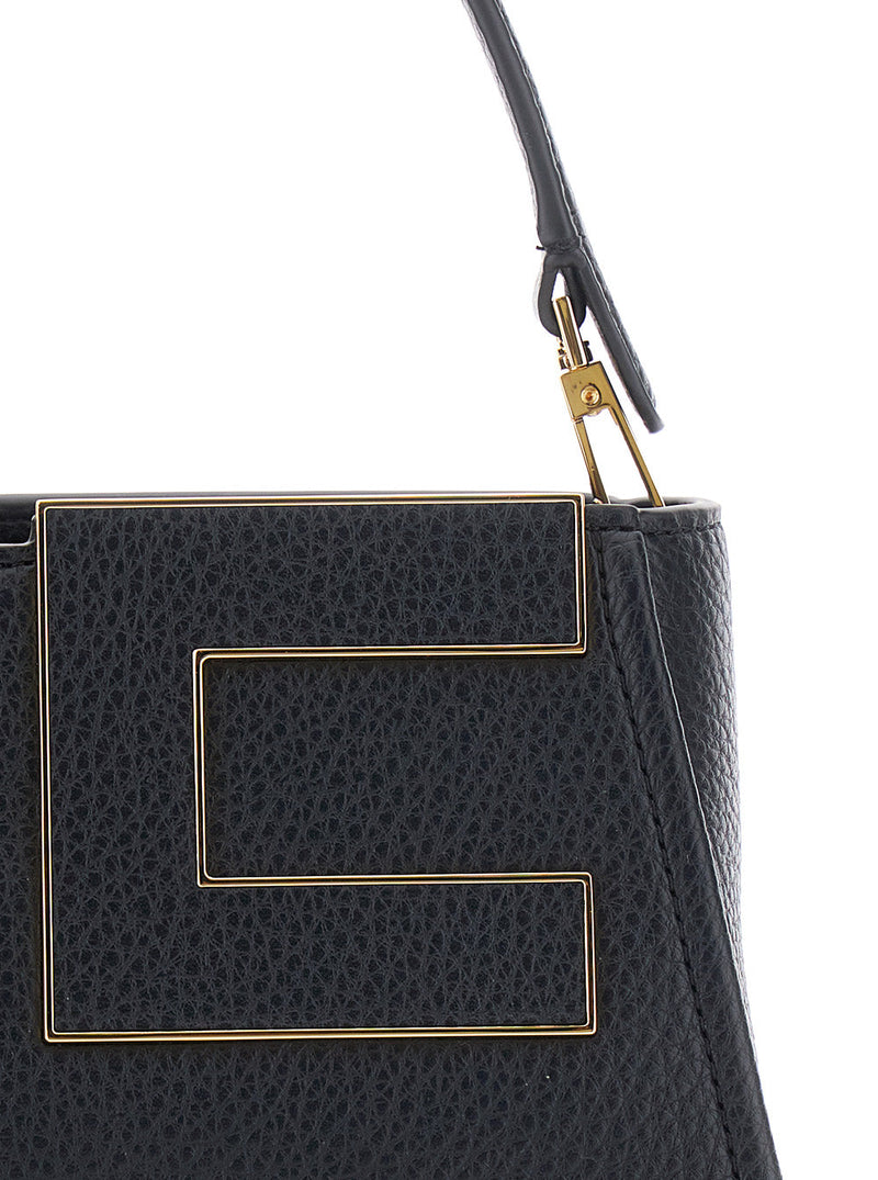 Elisabetta Franchi Geometric Metal Logo Shoulder Bag — Black Ecoleather